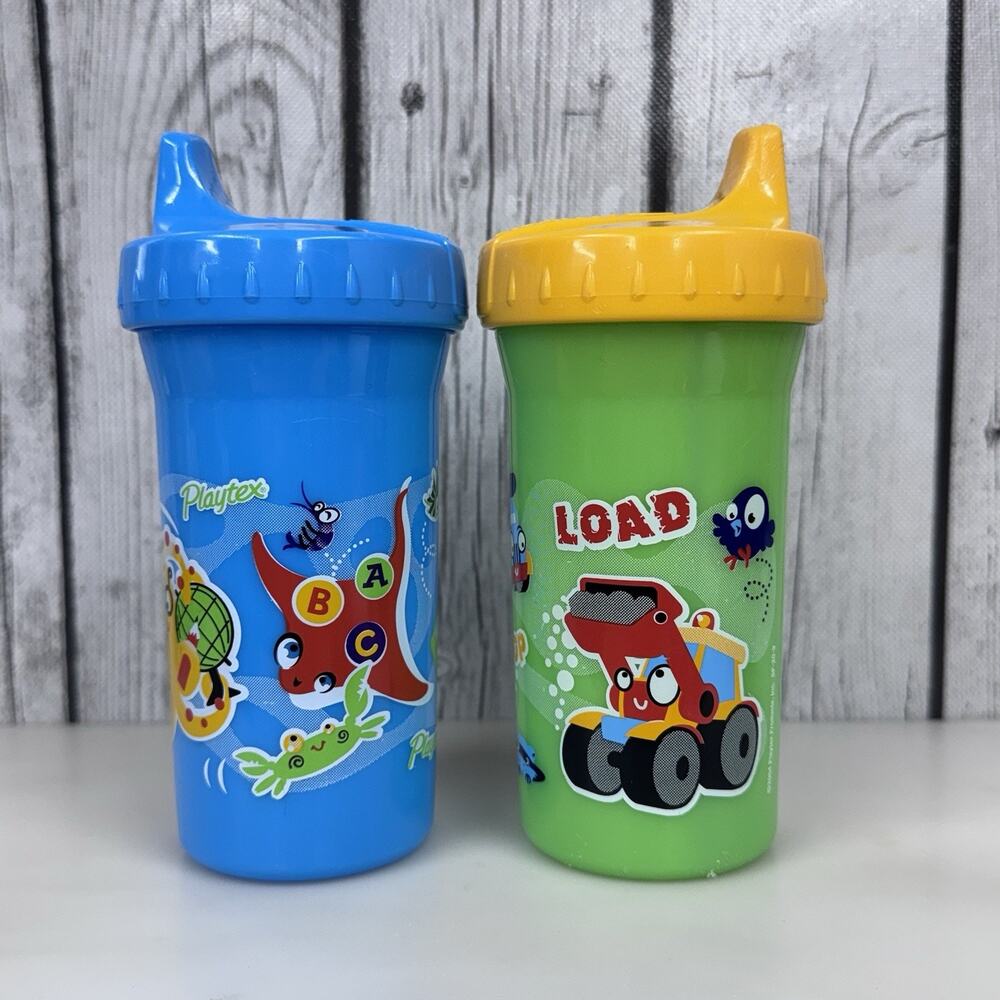 2 Vintage Playtex Sippy Cups 2004 Trucks & Ocean Sealife Blue & Yellow - Read